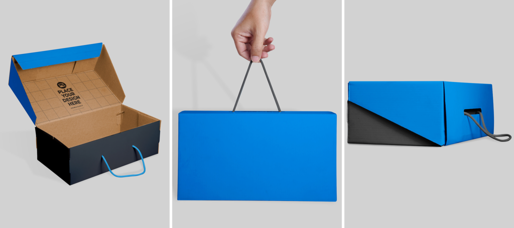 shoe box mockup, clamshell, with handle